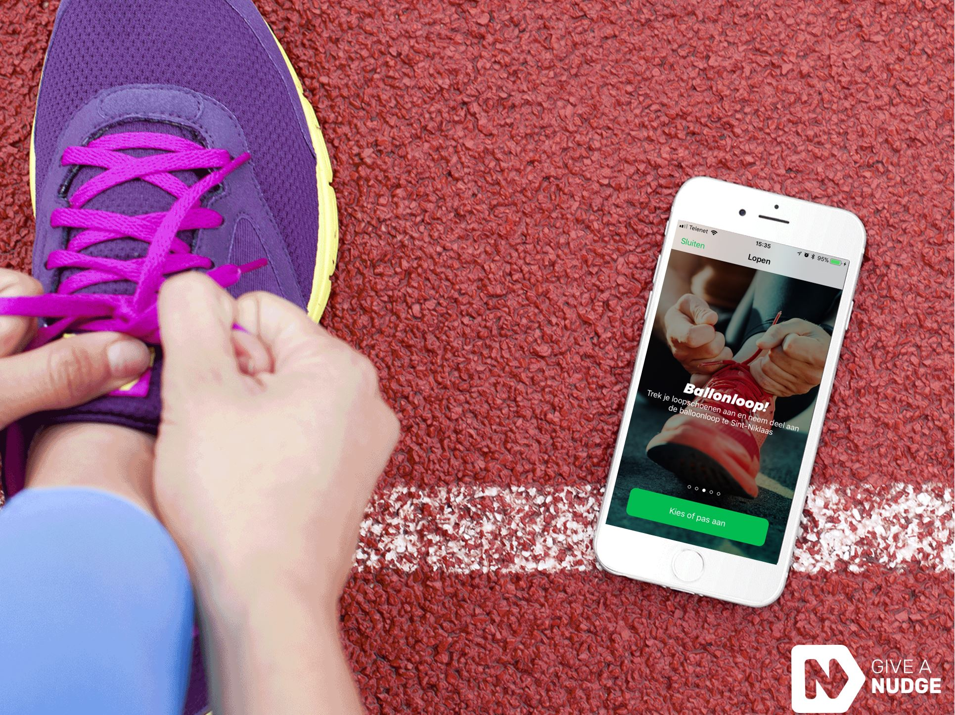 A runner tying a shoe beside a phone displaying a Give a Nudge challenge